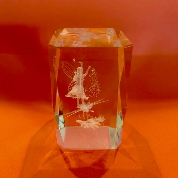 3D Crystal Fairy Figurine With Dragonfly Lotus Flower Glass Cube Paperweight - Picture 4 of 6